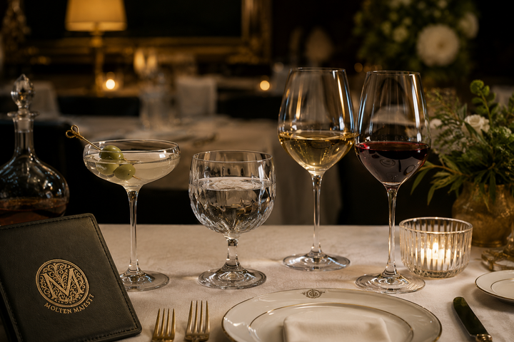 Cocktail coupes, water goblets and wine glasses arranged with space between them on an elegant dinner table.