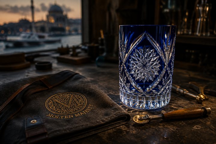 Artisan cutting coloured crystal in the Molten Majesty atelier to reveal clear geometric detail.