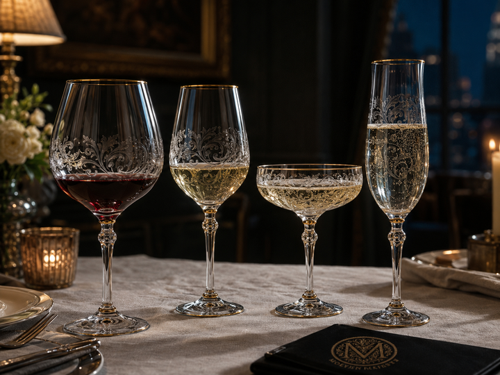 Four Molten Majesty wine glass shapes arranged together on an evening table