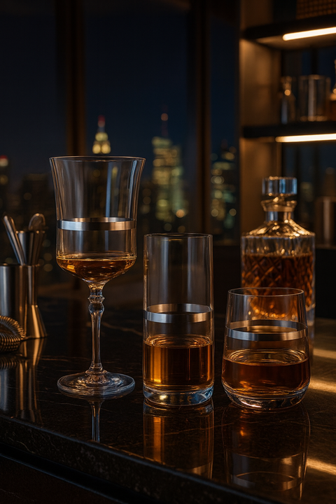 Corda Plat glassware with amber liquid arranged on a dark bar counter