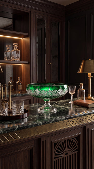Sylvan Emerald Coronet Pedestal Bowl on a green marble bar in a wood-paneled salon.