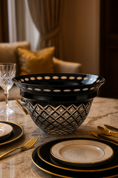Noctura Crown Bowl on a marble dining table beside black and gold plates