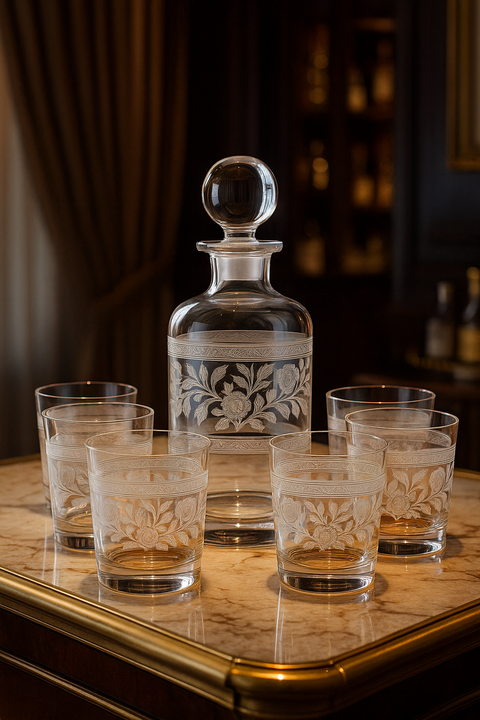 Filigrae decanter and six tumblers with amber pours arranged on a tray in a dark interior