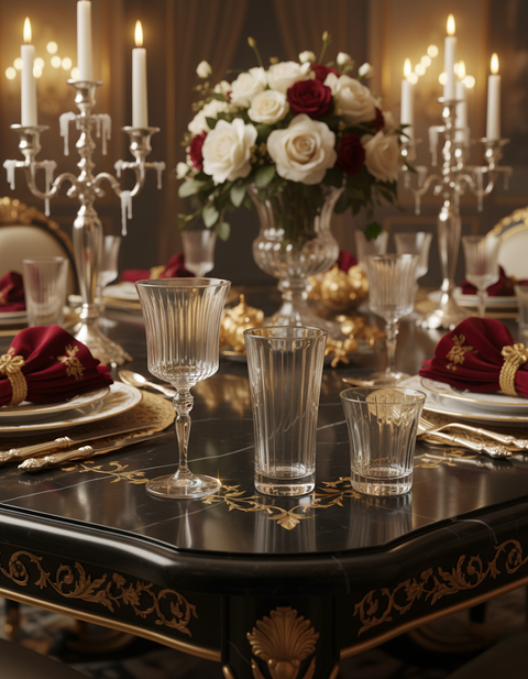 Altiera glassware set arranged on a candlelit formal table with roses and layered place settings