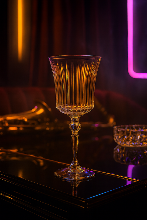 Altiera Goblet holding an amber drink on a glossy neon-lit bar.