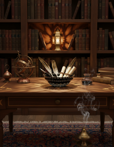 Noctura Halo Bowl holding quills and rolled papers on a broad library desk.