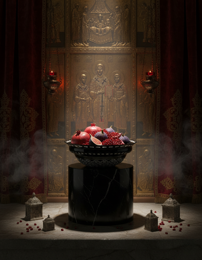 Noctura Halo Bowl filled with red fruit atop a black pedestal in a stone hall.