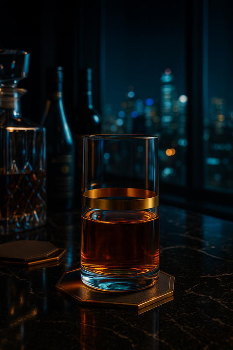 Corda Gold Highball holding an amber drink on a black table in a city-view lounge.