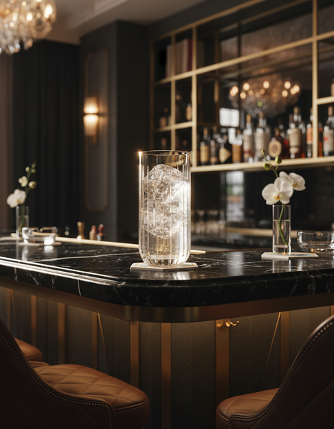 Altisse Highball filled with ice on a marble cocktail bar beneath evening lights