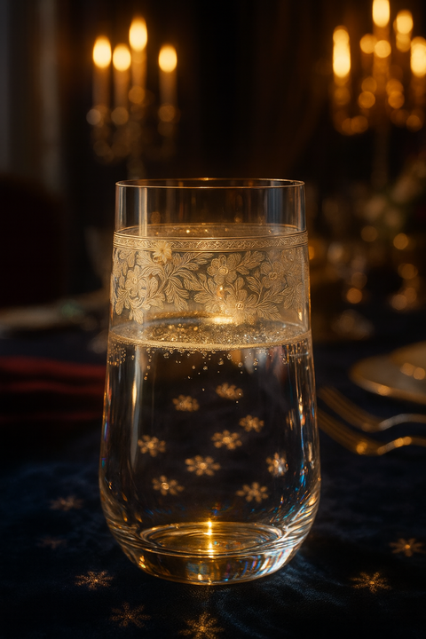 Filigrae Highball holding a clear drink with bubbles on a dark candlelit table.