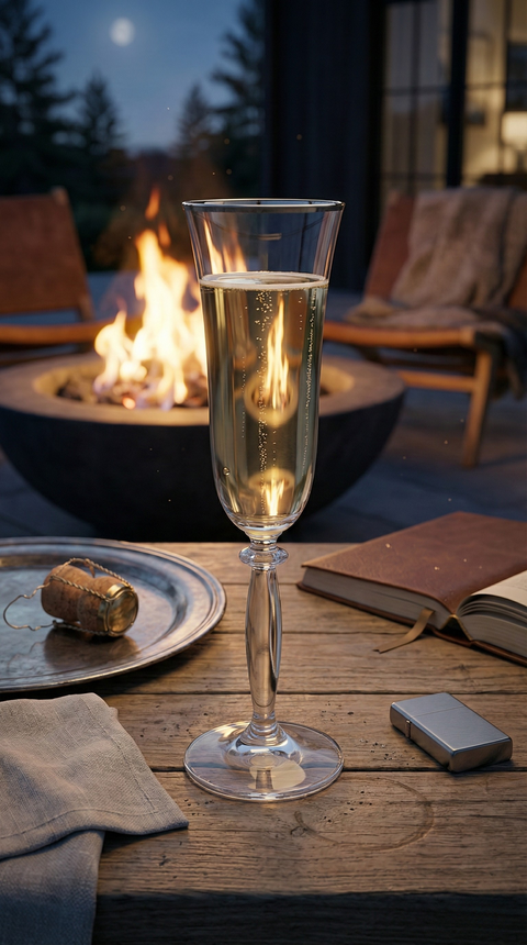 Platora Champagne Flute with a sparkling pour on a wooden table beside an outdoor fire