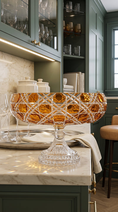 Verdura Sunlit Amber pedestal bowl on a pale kitchen island beneath glass-front cabinets