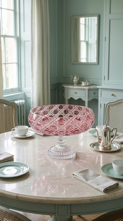 Orchid Rosé Verdura Pedestal Bowl on a round table with a pale tea service in a mint room.