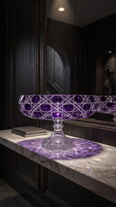 Verdura Regal Violet pedestal bowl on a dark marble console casting a patterned shadow