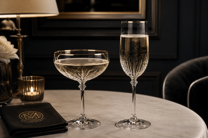 Platora champagne coupe and flute filled with sparkling wine on the same table
