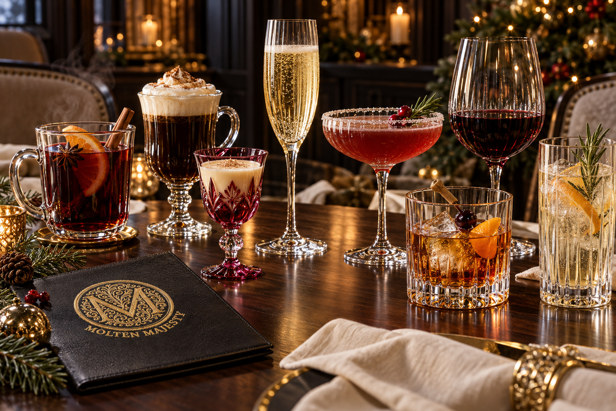 Christmas drinks in heat-rated mugs, champagne flutes, coupes and tumblers on a festive dining table.