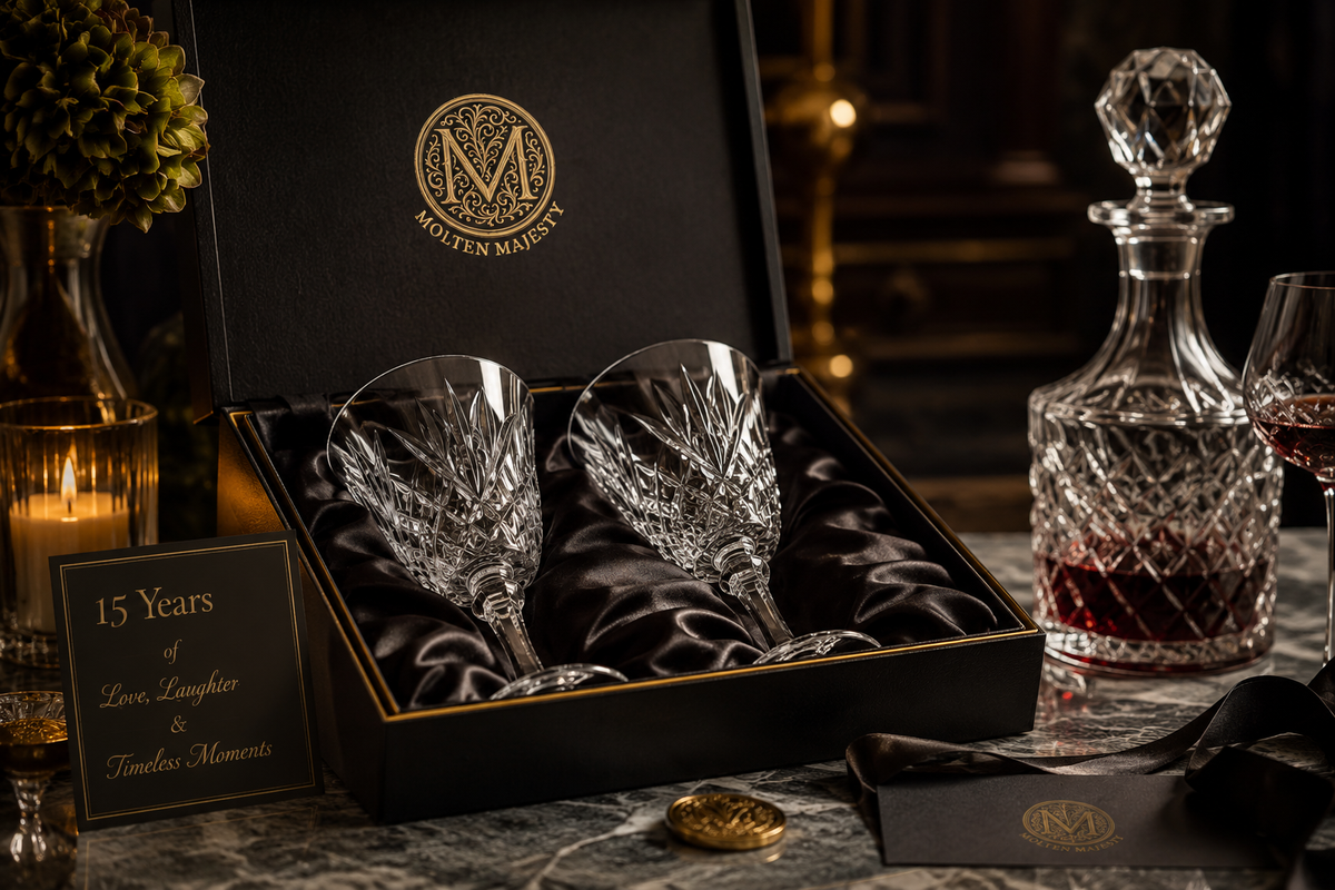 Pair of handcrafted crystal glasses presented as a traditional 15th wedding anniversary gift.
