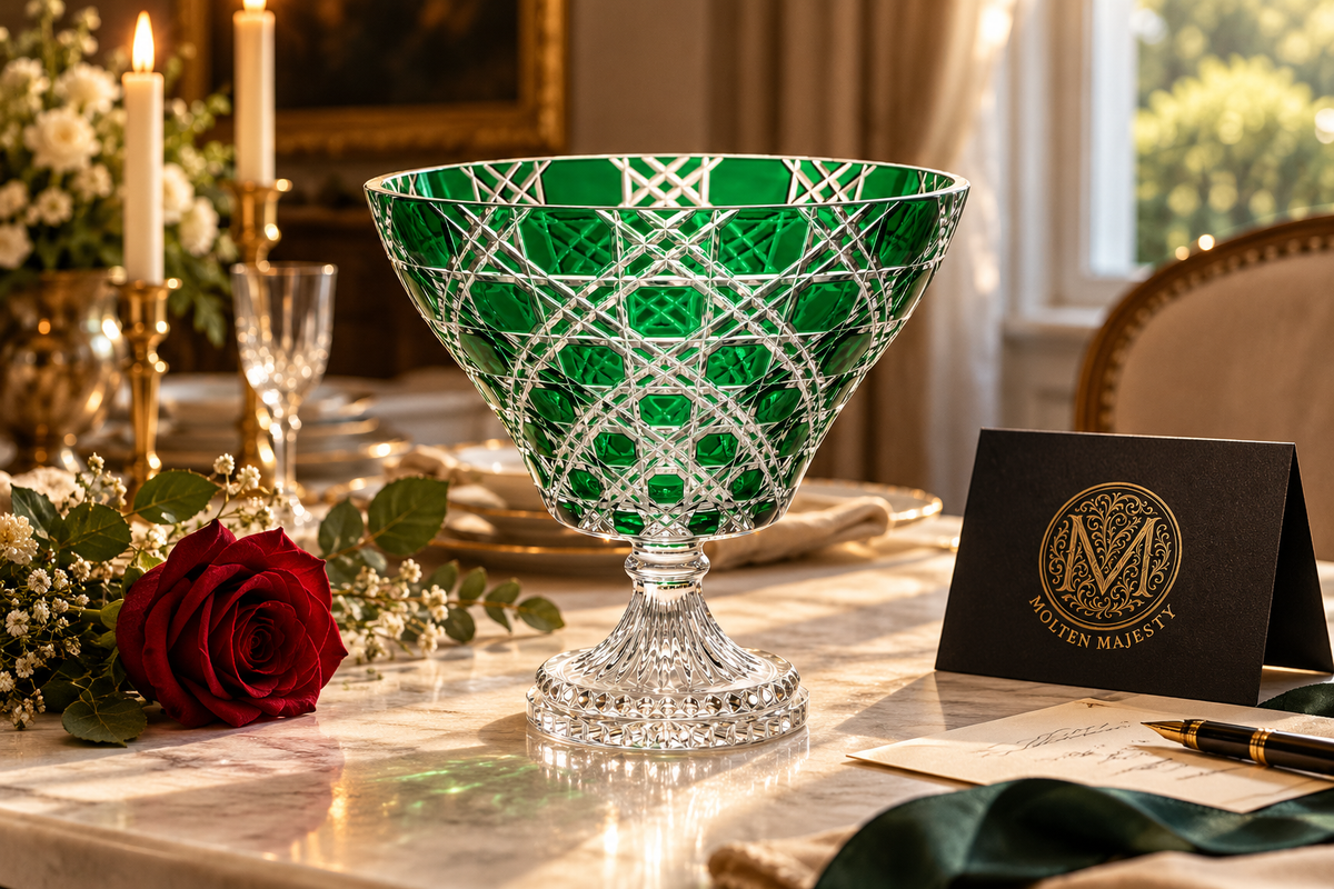 Handcrafted emerald green crystal bowl, champagne flutes and engraved decanter arranged for a fifteenth anniversary gift.