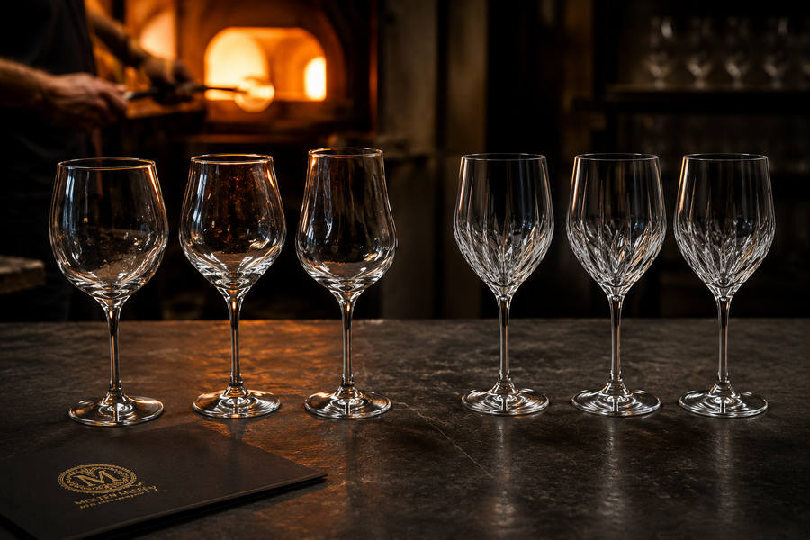 Glass artisan shaping a handblown crystal vessel beside finished handmade glassware