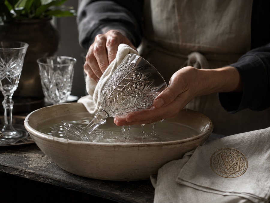 Hand washing engraved crystal glassware over a linen-lined basin