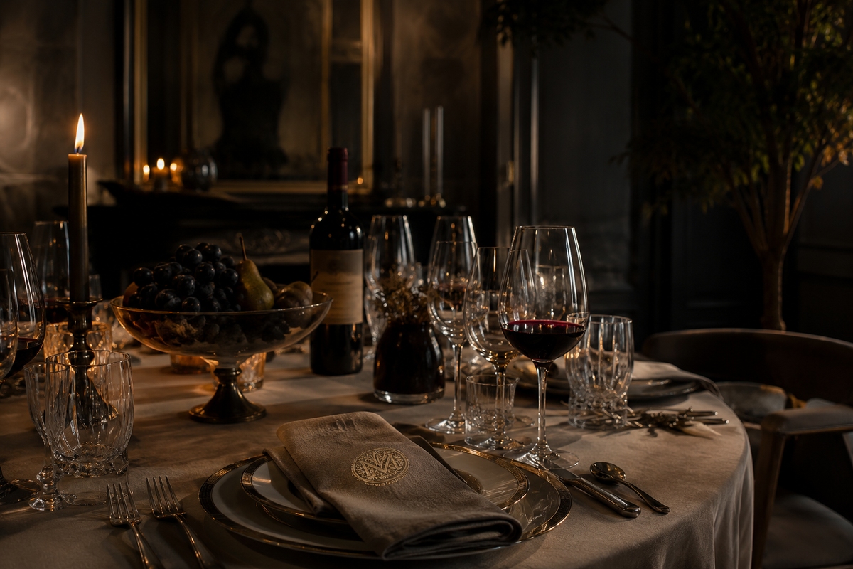 Luxury candlelit table setting with Molten Majesty crystal glassware, fine linen, red wine and a gold logo before an elegant dinner party