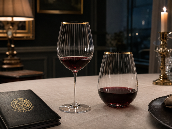 Ascend stemless and stemmed wine glasses compared on an evening table