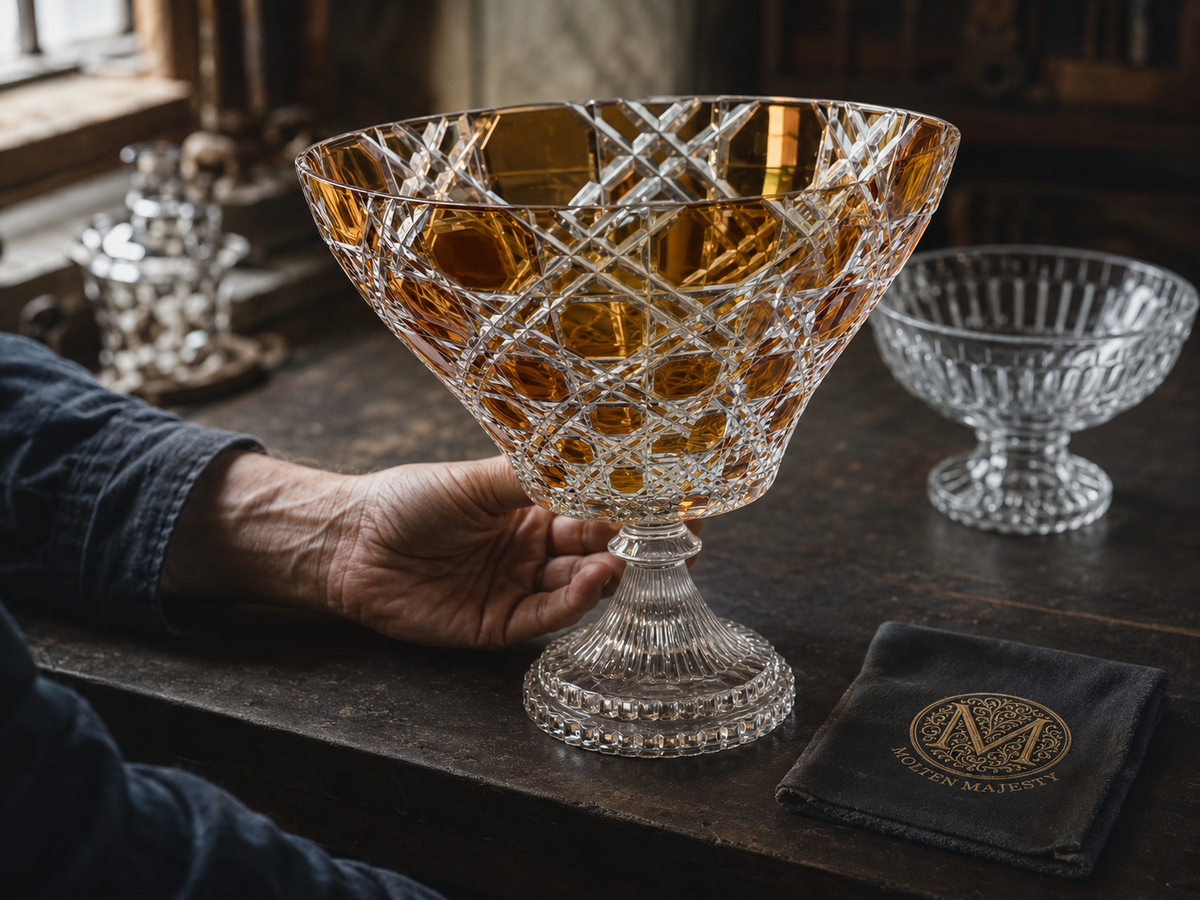 Verdura Sunlit Amber cut-glass bowl inspected beside a clear comparison bowl