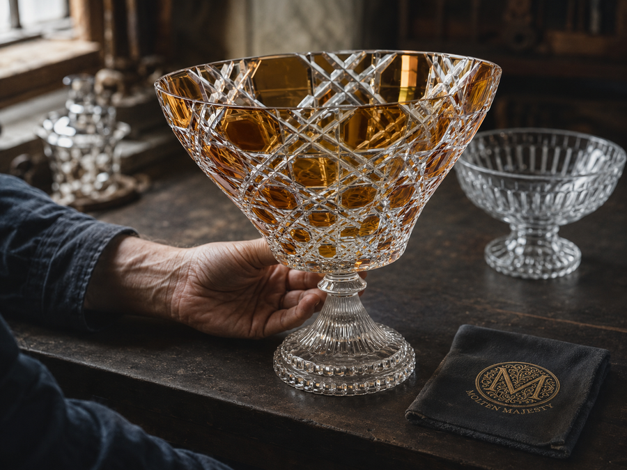 Verdura Sunlit Amber cut-glass bowl inspected beside a clear comparison bowl