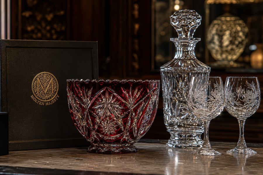 Coloured cut-to-clear crystal bowl beside clear engraved glassware, showing the polished facets associated with Bohemian glass design.
