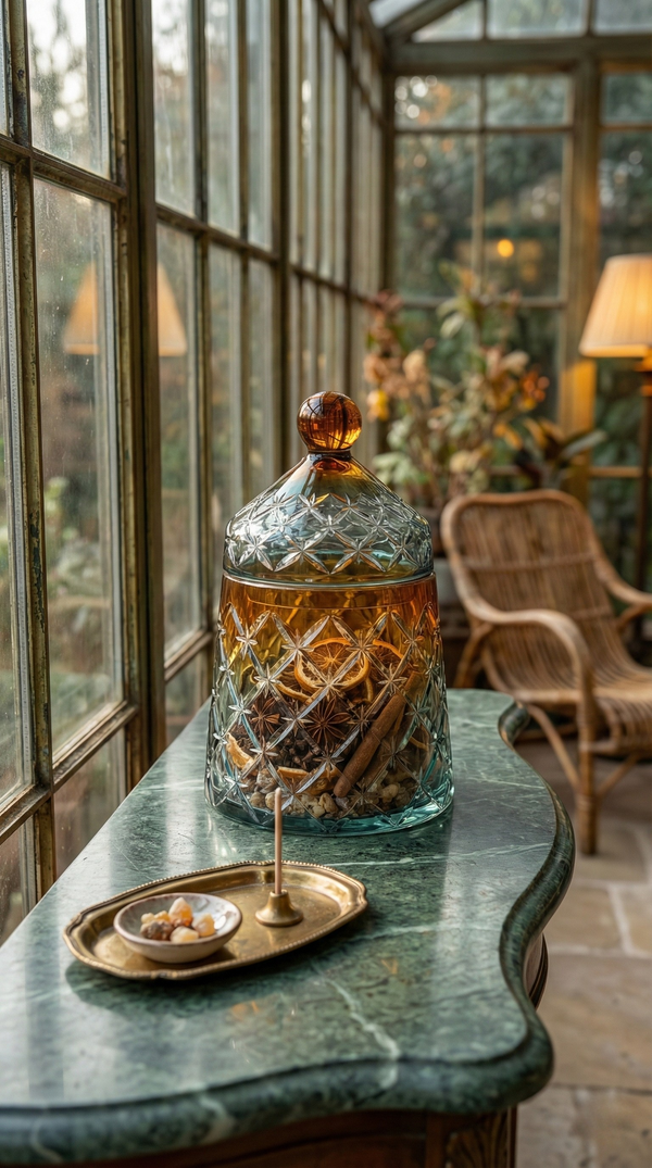 Aurivale Jar on a green marble table beside a teacup and sunlit window
