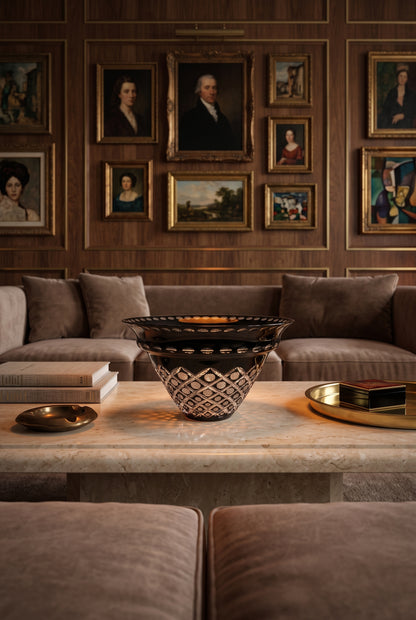 Noctura Crest Bowl centered on a living room coffee table below a portrait gallery