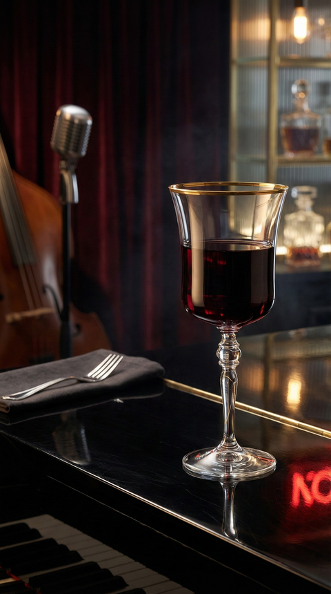 Altair Goblet with a red pour resting on a grand piano in a softly lit music room