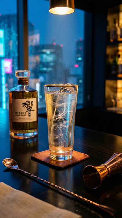 Altair Highball with an iced drink beside a bottle and bar tools against a city view.