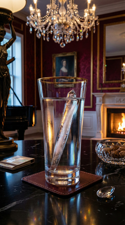 Altair Highball on a coaster beside a decanter in a chandelier-lit study.