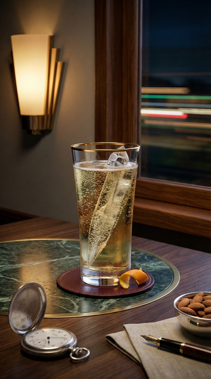 Altair Highball with an iced pale drink and citrus garnish on a train table.
