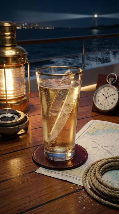 Altair Highball with an iced pale drink on a ship's night deck beside a lamp, watch and rope.