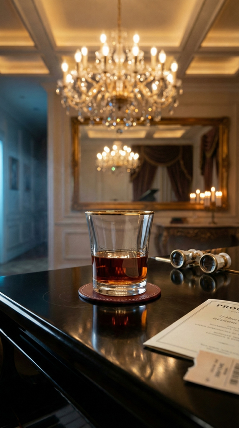 Altair Tumbler with amber liquid on a black table beneath a chandelier