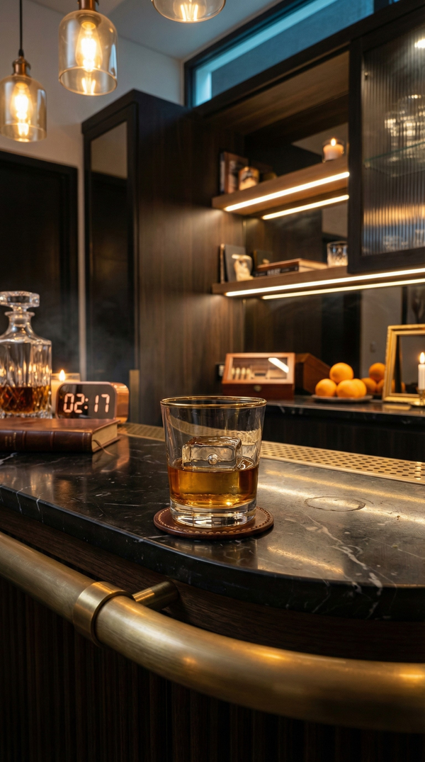Altair Tumbler with amber liquid on a curved hotel bar counter
