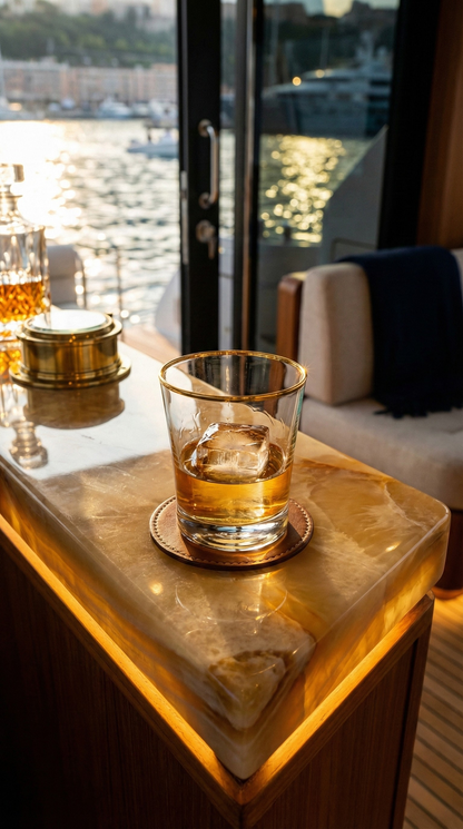 Altair Tumbler with amber liquid on a marble side table overlooking water