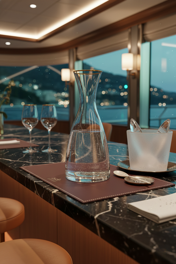 Altair Carafe with clear liquid on a modern dining table above city lights