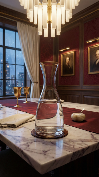 Altair Carafe filled with red liquid on marble in a deep red dining room