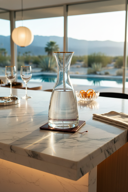 Altair Carafe with clear liquid on a sunlit marble kitchen island