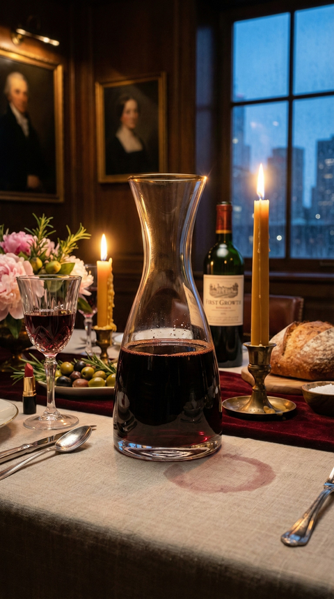 Altair Carafe filled with red liquid on a candlelit formal dining table