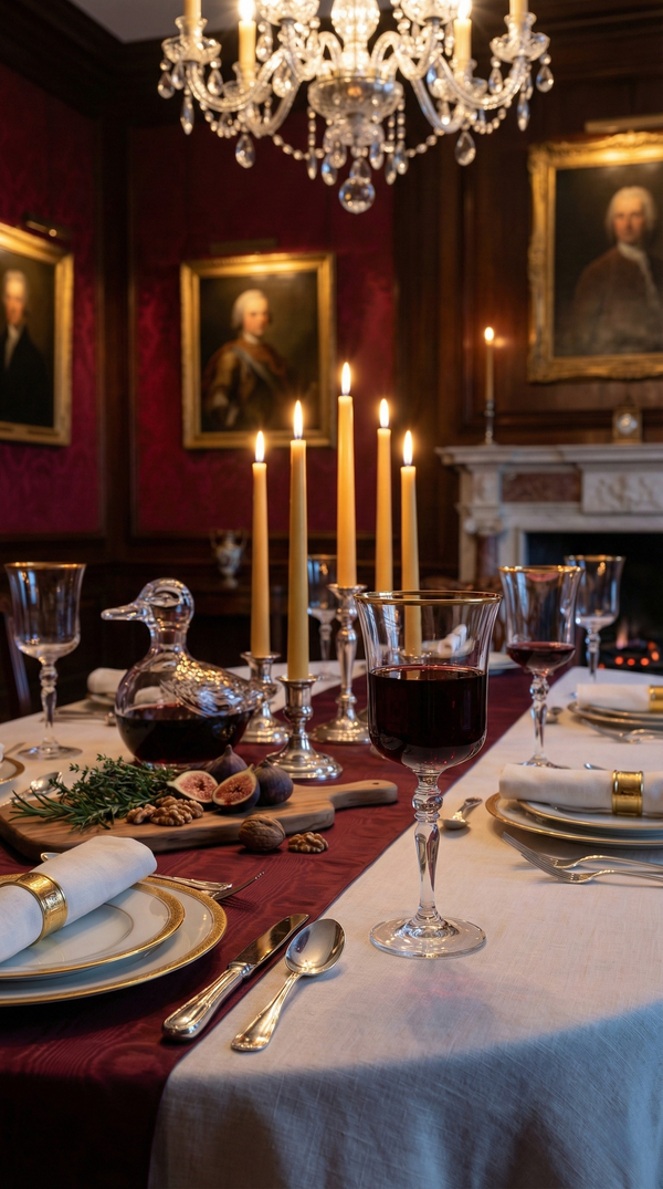 Altair Goblet with a red pour on a formal candlelit table beneath an ornate chandelier