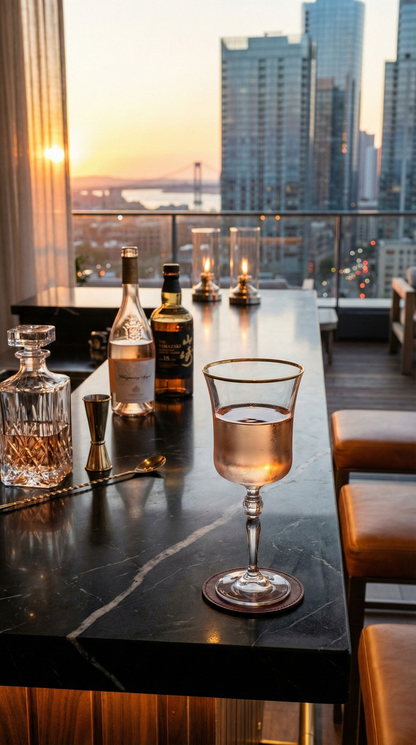 Altair Goblet with a pale pour on a city apartment bar during sunset