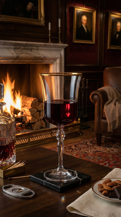 Altair Goblet with a red pour beside a library fireplace, books and a small plate