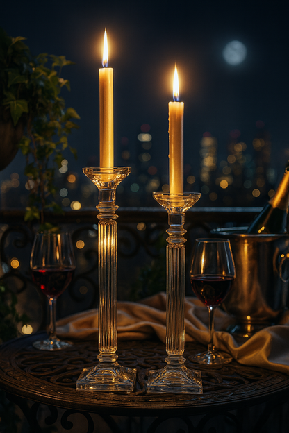 Altessa Candlesticks holding lit tapers on an evening table with wine glasses and skyline
