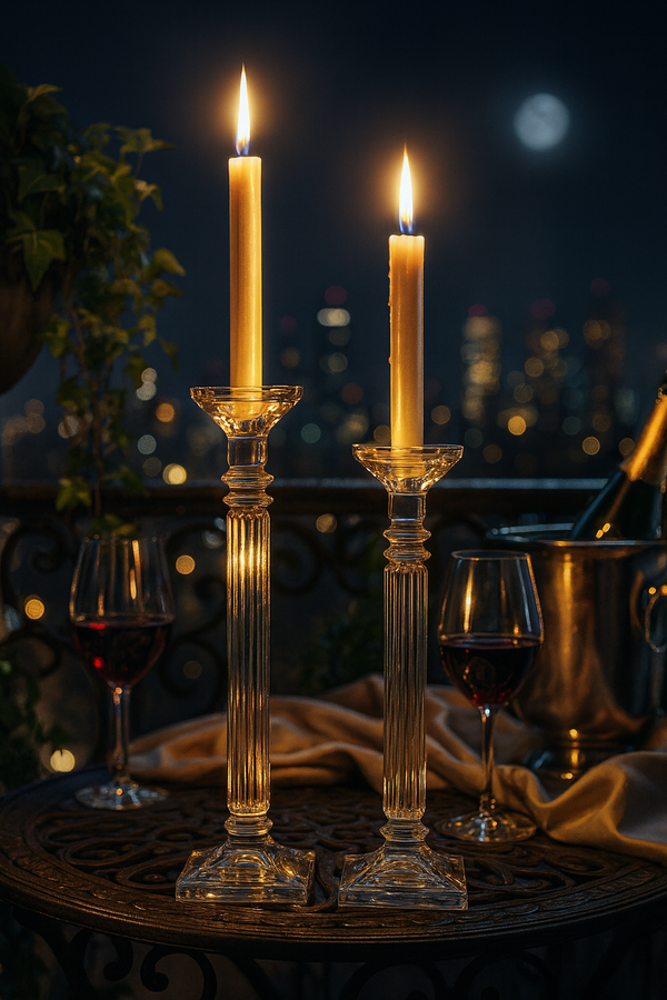 Altessa Candlesticks holding lit tapers on an evening table with wine glasses and skyline