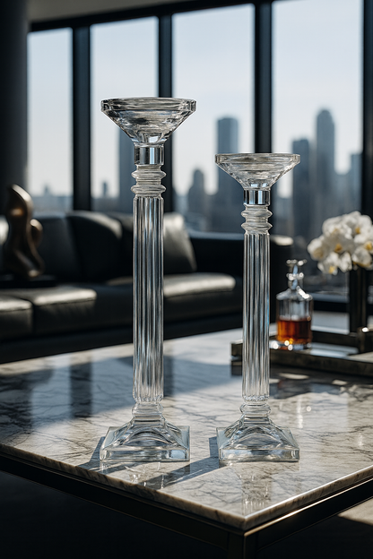 Altessa Candlesticks displayed on a marble coffee table in a modern city apartment