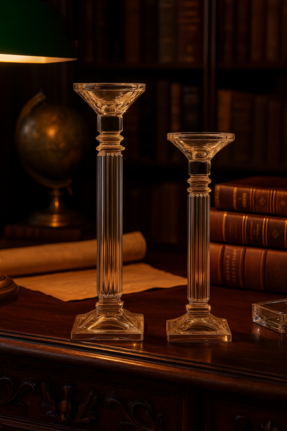 Altessa Candlesticks standing unlit on a library desk beside stacked leather-bound books